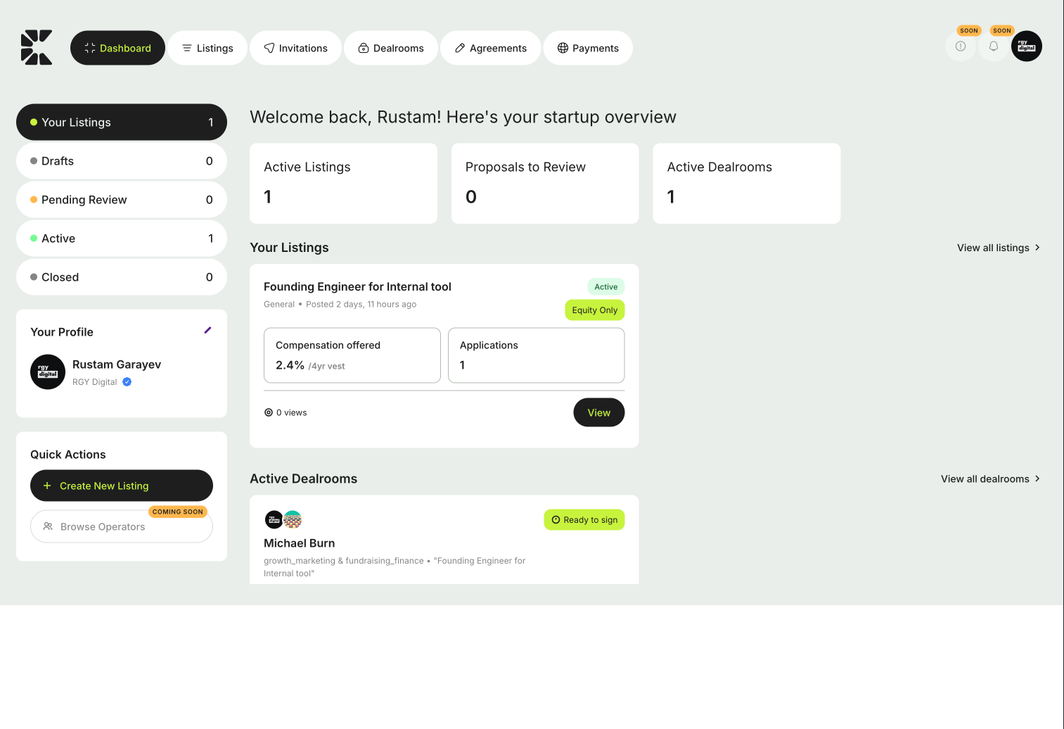 Founder Dashboard - Create a Listing